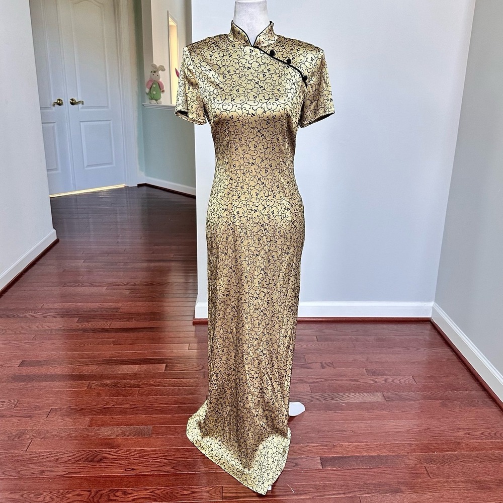 US‎ Vintage Jessica Howard Gold Black Unique Pattern Asian Style Gown Dress